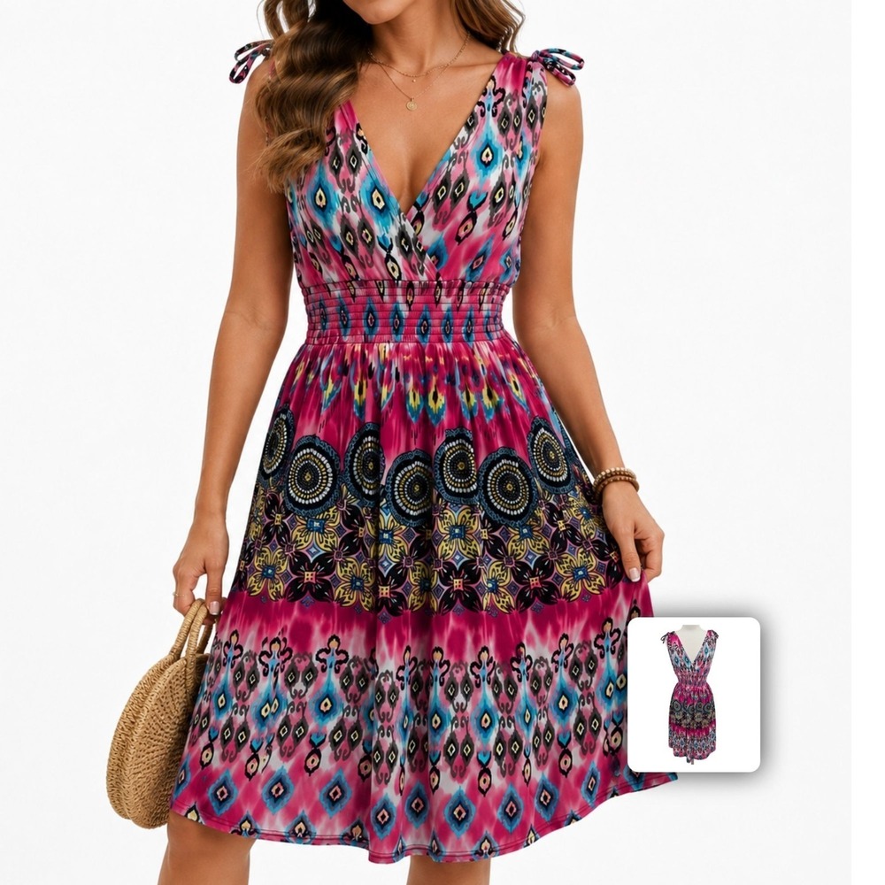 Boho Ikat Print Sundress Smocked Waist Tie Shoulder Sleeveless Pink Blue S/M